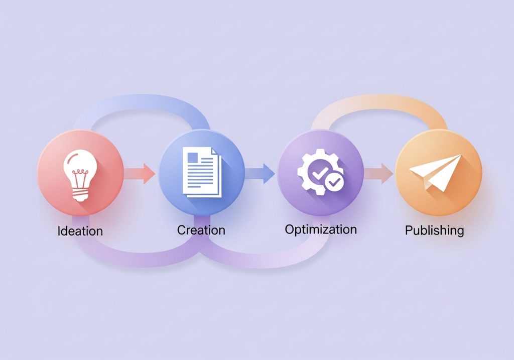 Diagram showing the four key stages of how content automation works: ideation, creation, optimization, and publishing.
