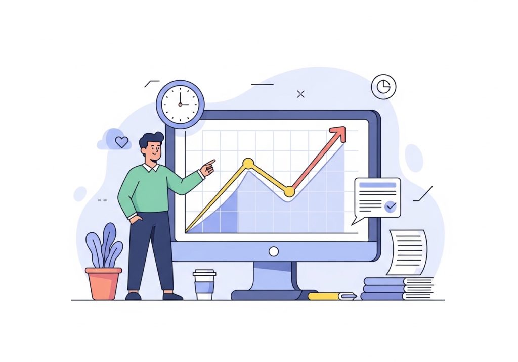 An illustration showing the benefits of content machines, including an upward graph symbolizing traffic growth and efficiency.