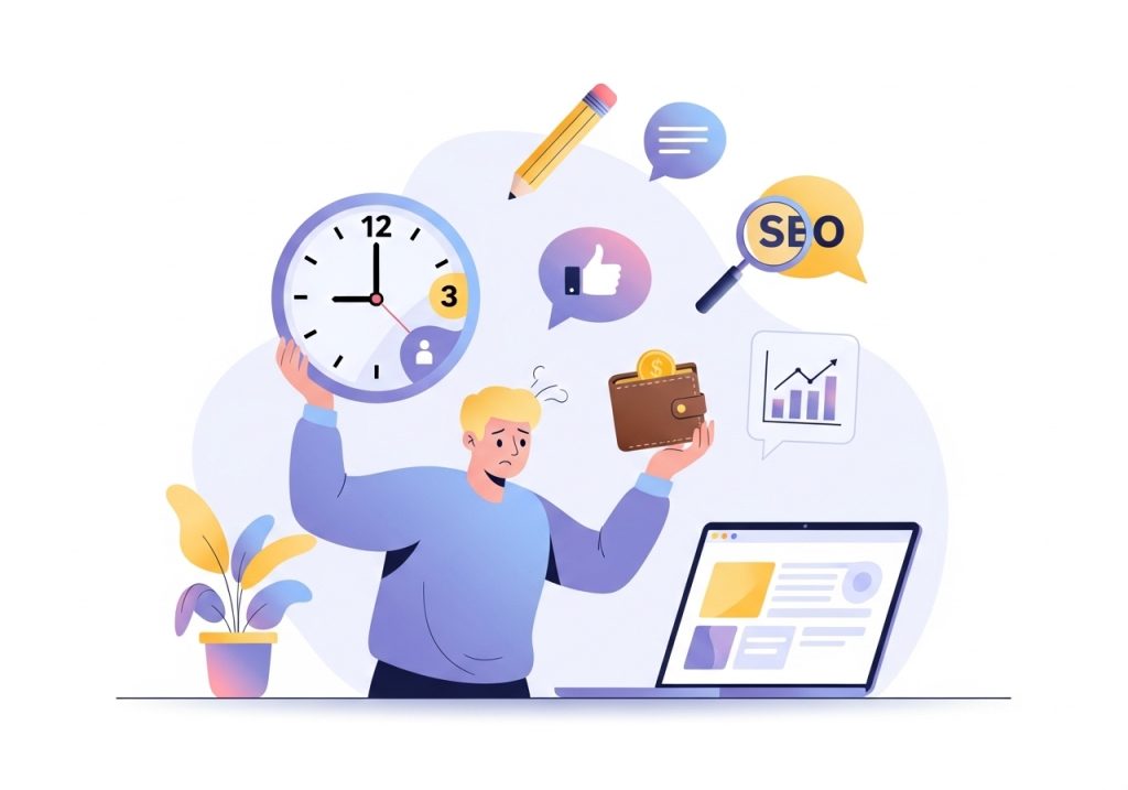 Illustration depicting the common challenges of small business content marketing: lack of time and budget.