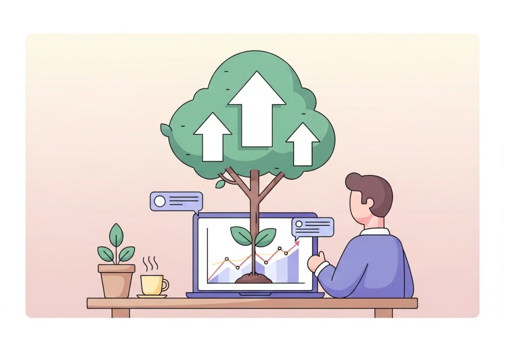 An illustration of a tree growing from a laptop, symbolizing the organic growth achieved through consistent SEO content marketing.