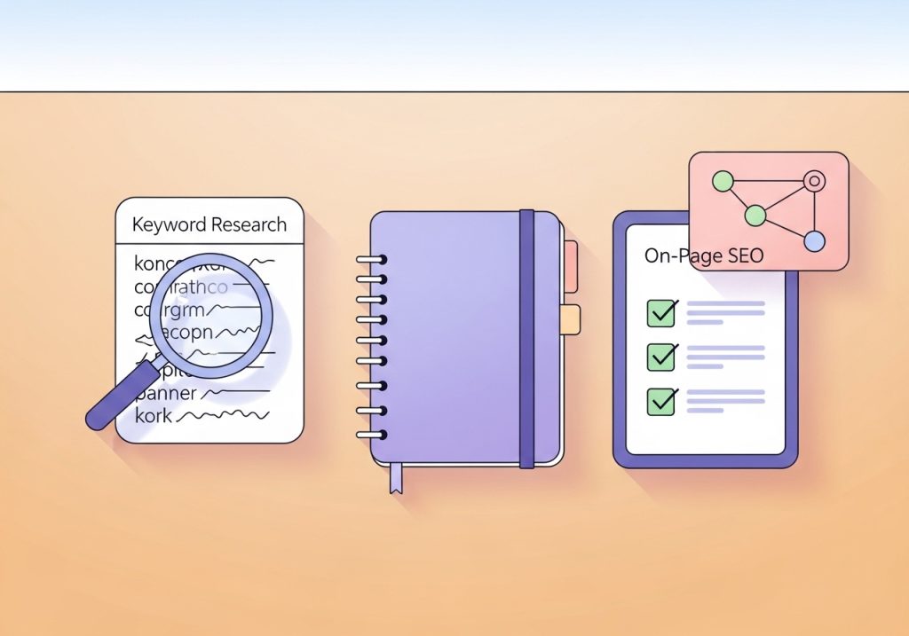 Illustration showing the core components of an SEO content strategy: research, creation, optimization, and linking.