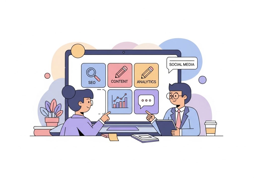 Vector art showing icons for core marketing skills like SEO, content writing, and data analytics.