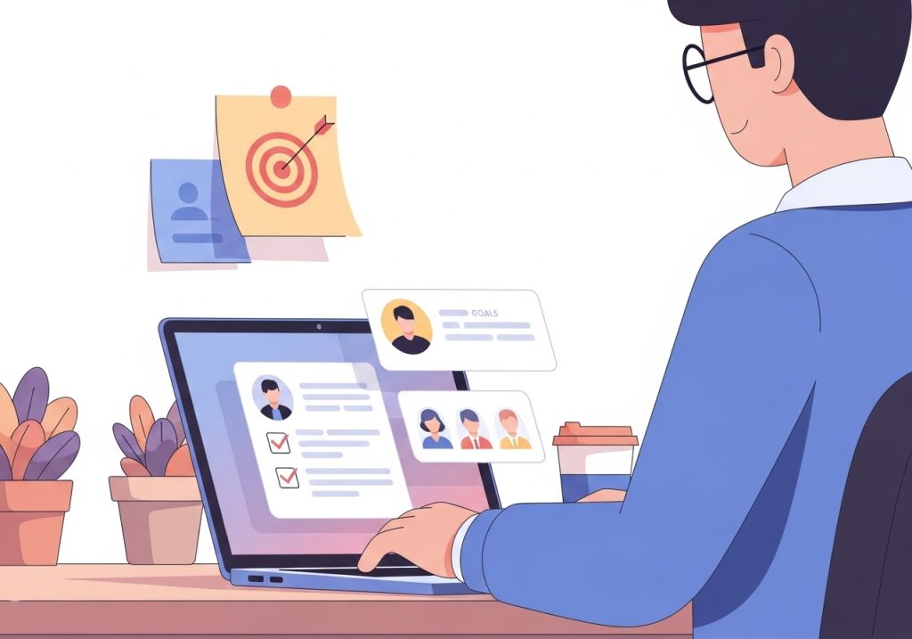 An illustration of a marketer defining a target audience and setting advertising goals on a laptop.