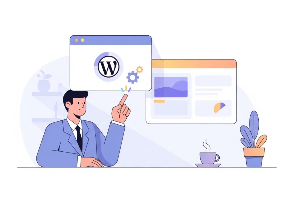An illustration of a user evaluating features of an AI content creation platform, focusing on integrations like WordPress.