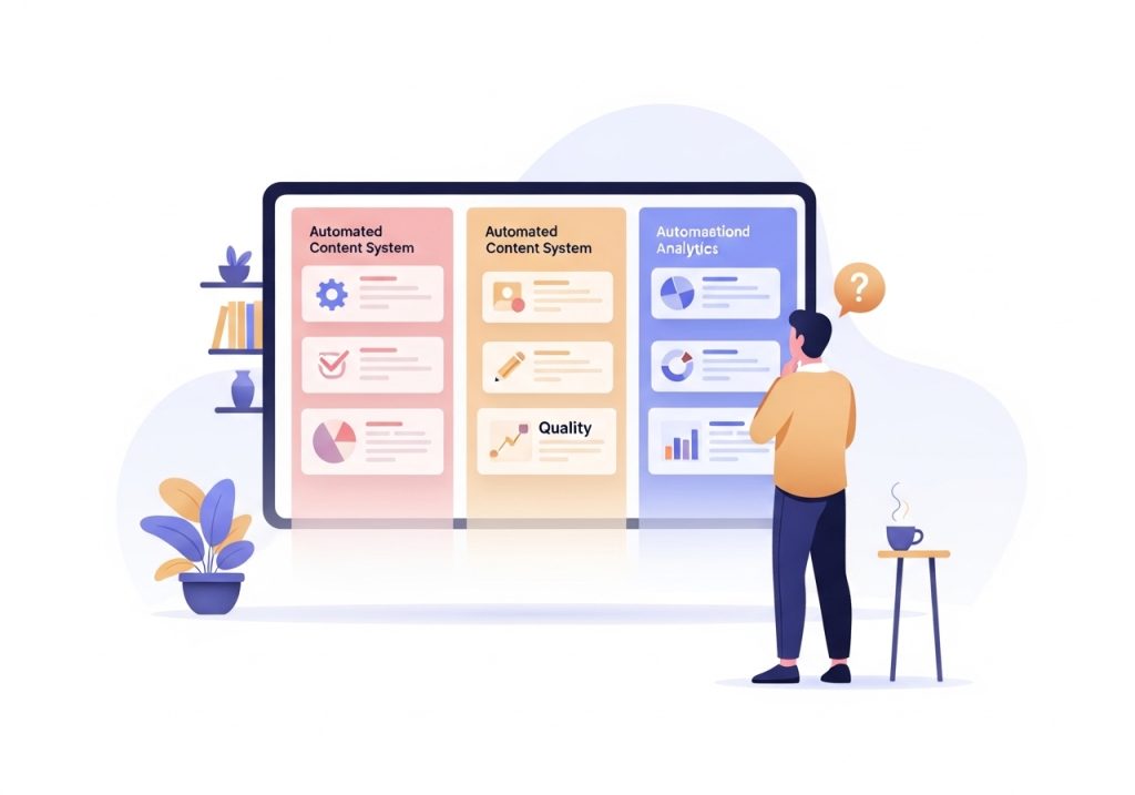 A professional evaluates different automated content systems based on features like quality and integration.