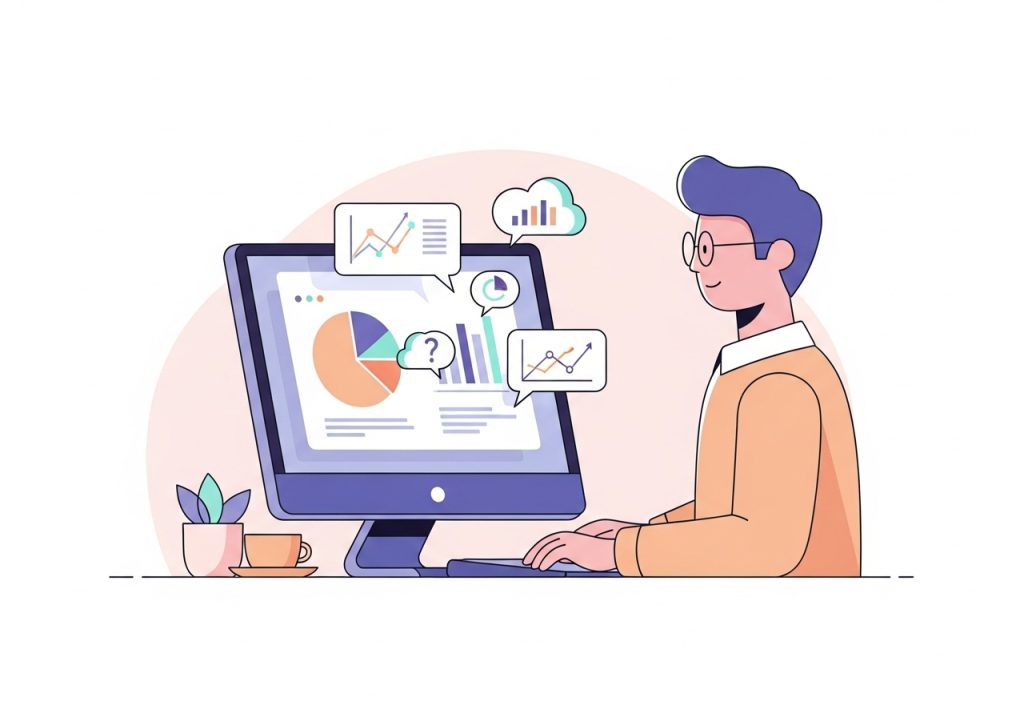 A marketing professional using free tools on a computer to conduct keyword research for an SEO strategy.