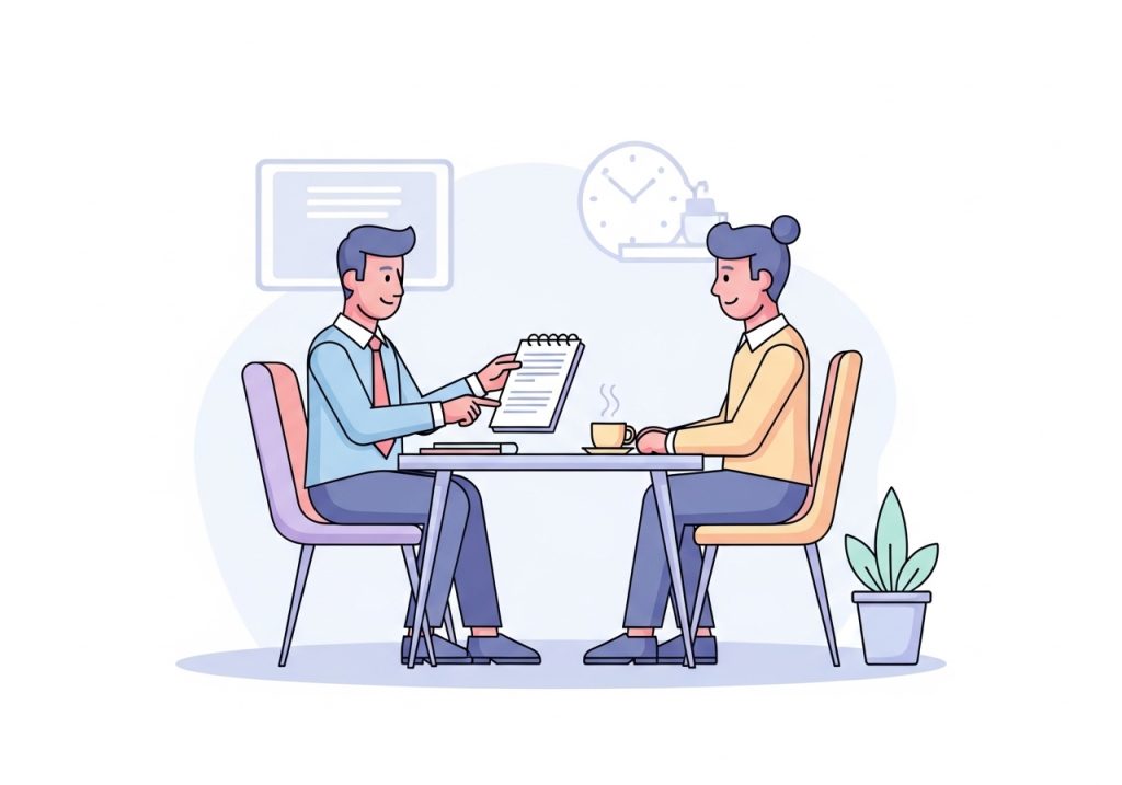 Illustration of a marketing mentor providing constructive feedback to a junior team member.