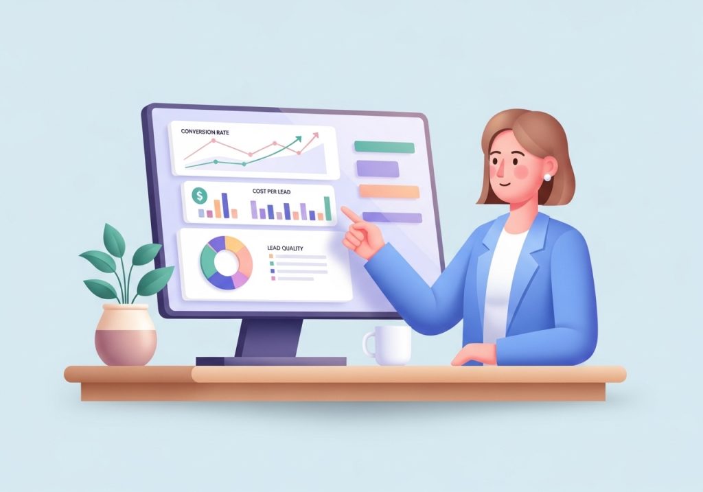 A professional reviewing key metrics like conversion rate and cost per lead on a dashboard.