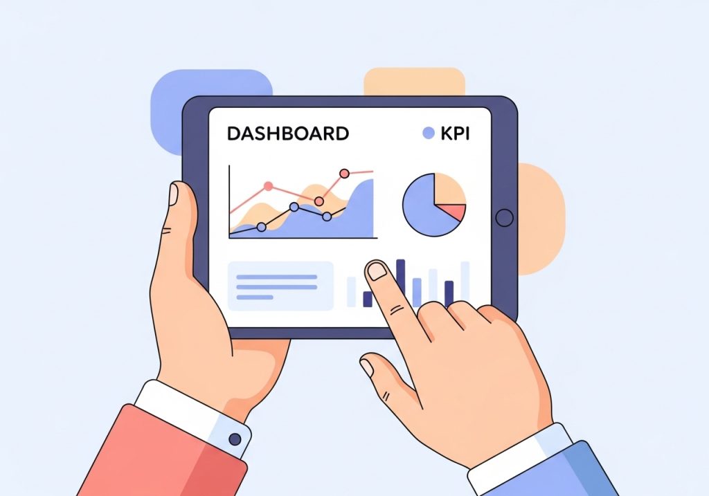 Vector art of a hand holding a tablet displaying an advertising campaign performance dashboard with charts and graphs.