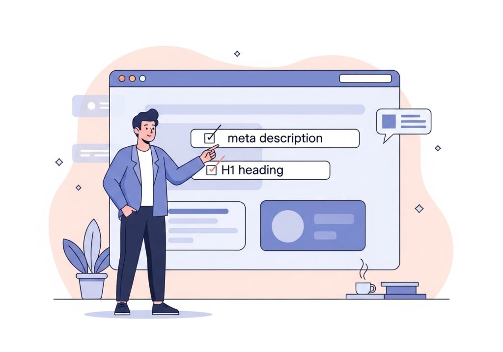 Illustration of a person optimizing on-page SEO elements like title tags and meta descriptions on a webpage wireframe.