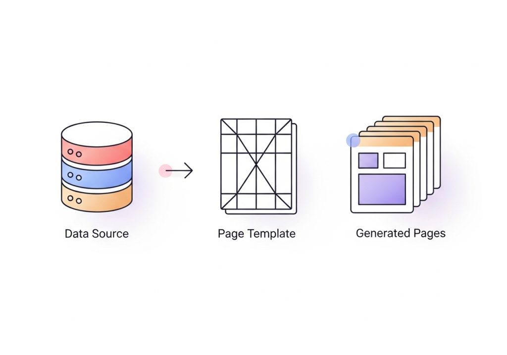 A diagram showing the core components of programmatic SEO: a data source feeding into a page template to create many unique pages.
