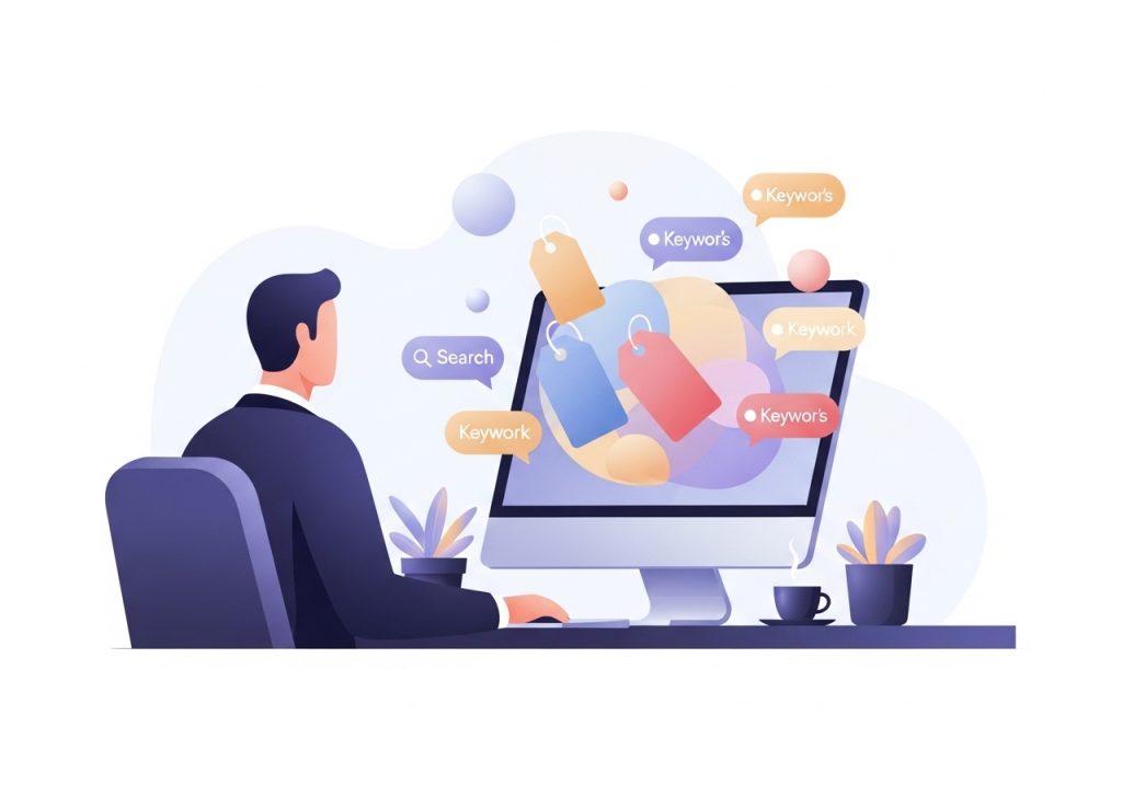 Illustration of a professional conducting keyword research on a computer to find topics for website content.
