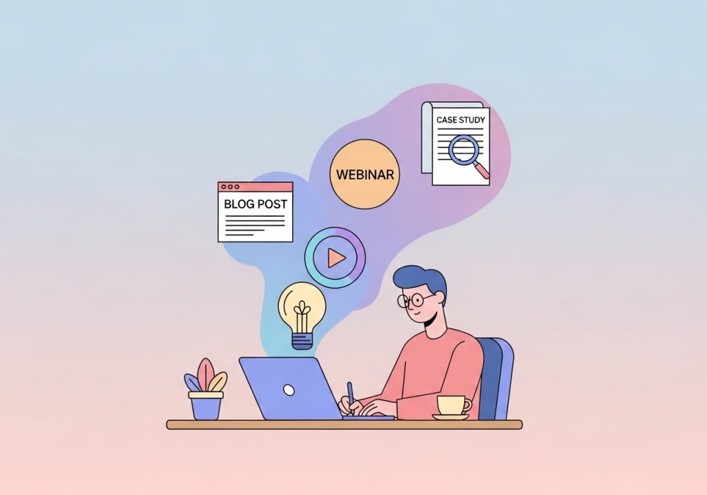 Illustration of a marketer creating high-value content like case studies and blog posts to generate leads.