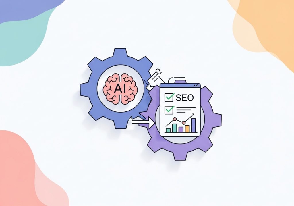 Illustration showing the integration of AI automation platforms with SEO analysis tools like Surfer.
