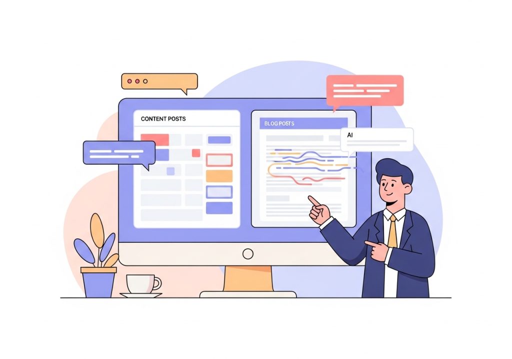A vector illustration showing an AI content platform automating blog post creation within a WordPress dashboard.