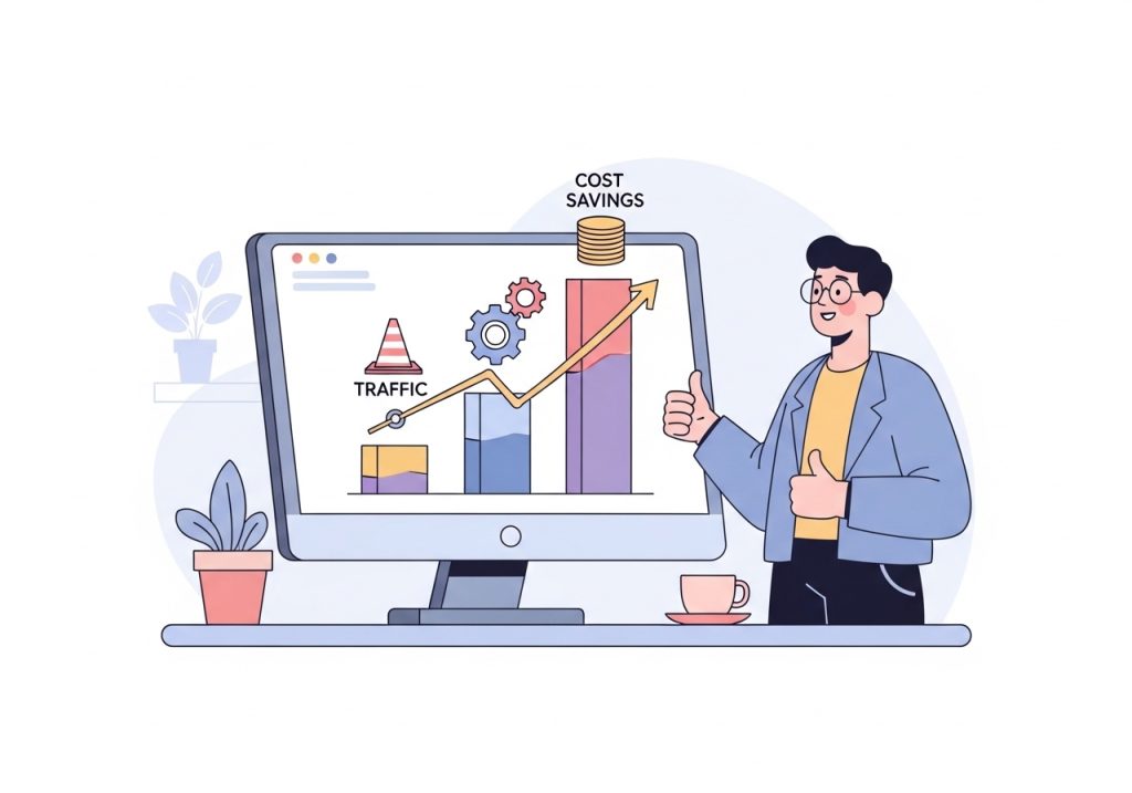 An illustration of a chart showing increased traffic and efficiency, key benefits of using AI for content.