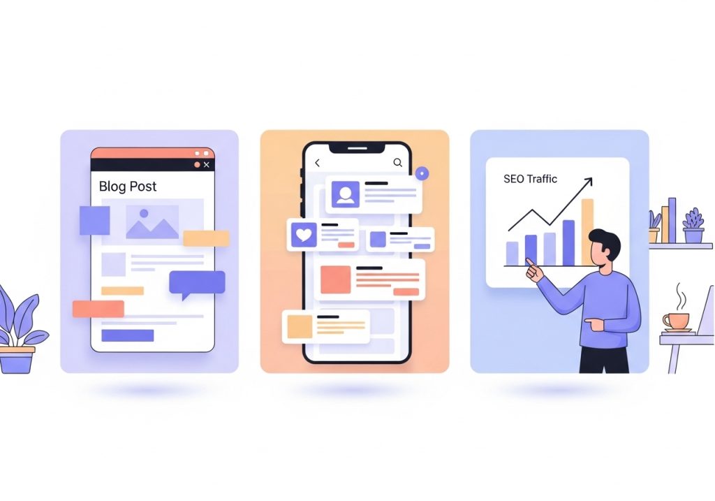 Examples of marketing materials created with AI, including blog posts, social media updates, and SEO performance charts.