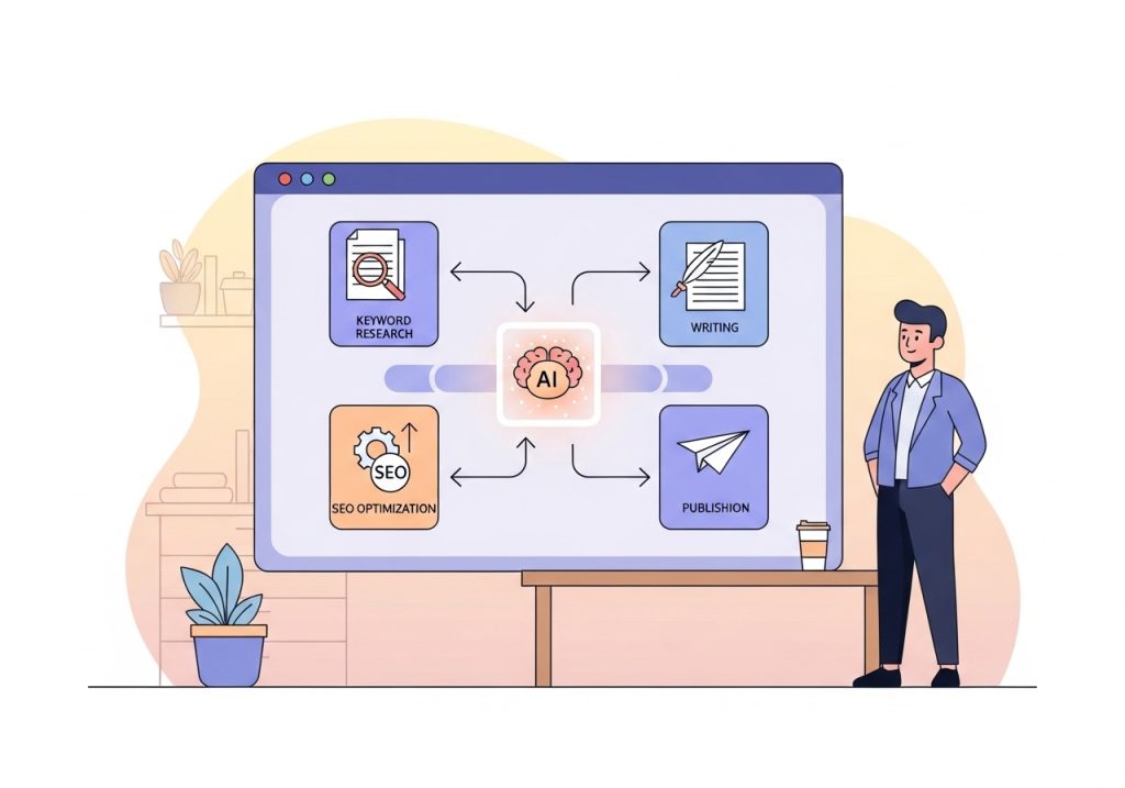 Diagram showing the key features of an AI content creation platform, including research, writing, and SEO.