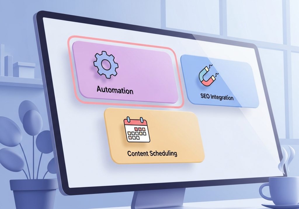 An illustration of a dashboard for AI content creation tools, showing features like automation and SEO integration.
