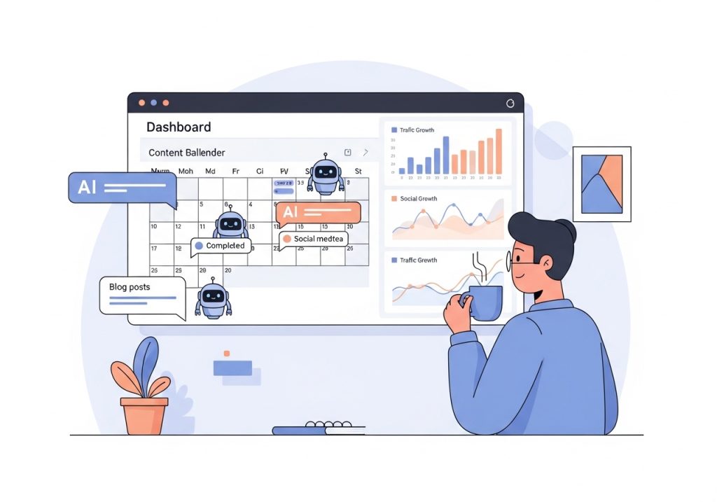 An illustration of a marketing professional using an automated dashboard to manage a brand's content calendar and analytics.