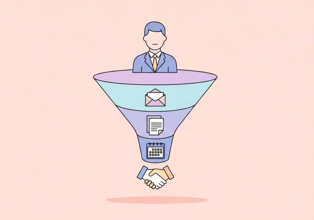 A vector graphic showing an automated email marketing funnel for lead nurturing.