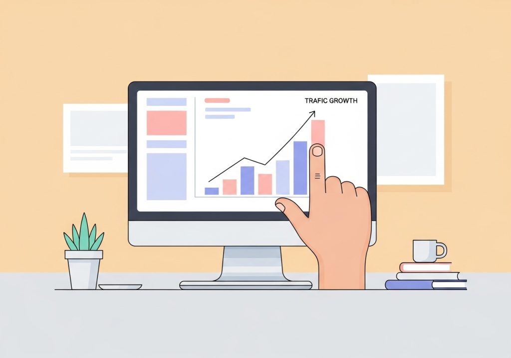 An illustration of a rising bar chart, representing the SEO traffic growth achieved through automatic writing.