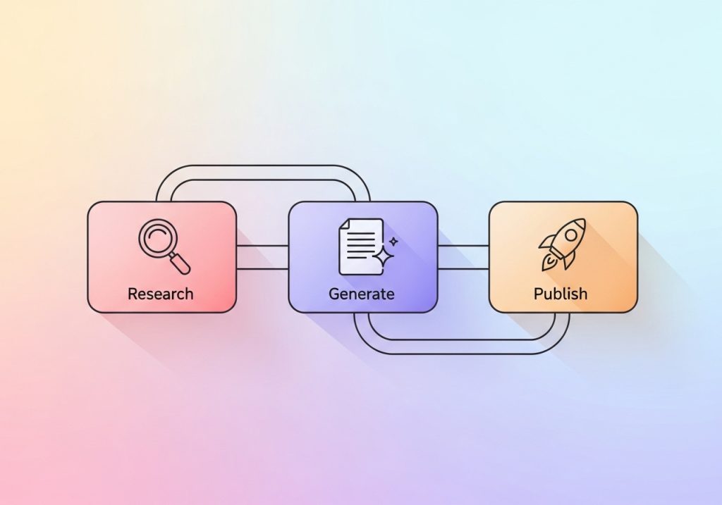 Diagram showing the seamless workflow of an automatic writing system, from research to generation and publishing.