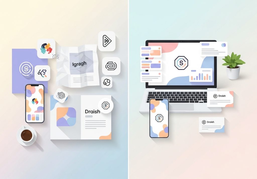 A comparison illustration showing the impact of brand consistency versus inconsistency across different marketing materials.