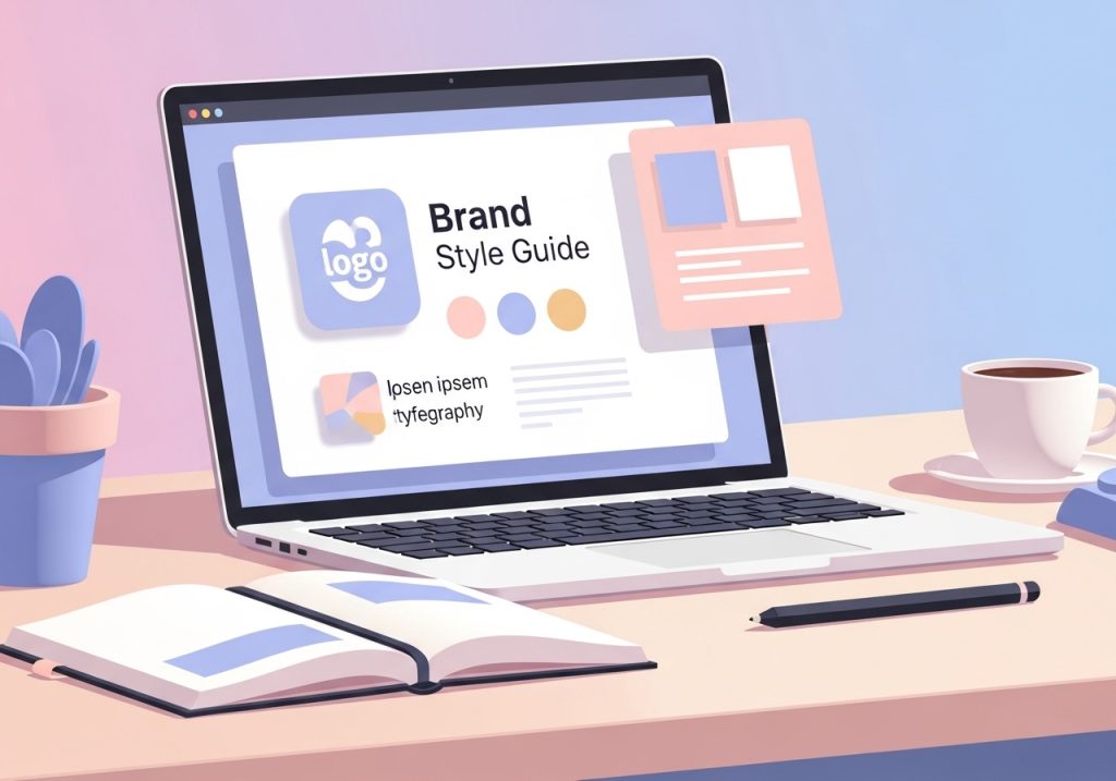 A vector illustration of a brand style guide on a laptop screen, showing the core components of branding.