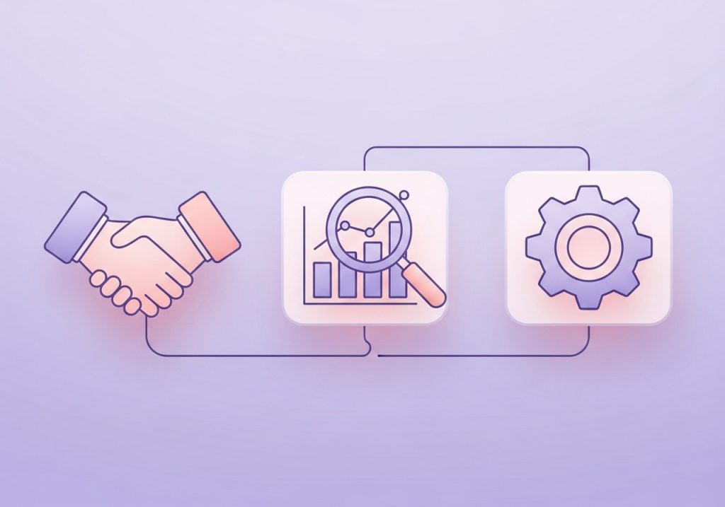 An illustration of icons representing the core functions of business development: partnerships, market analysis, and strategy.