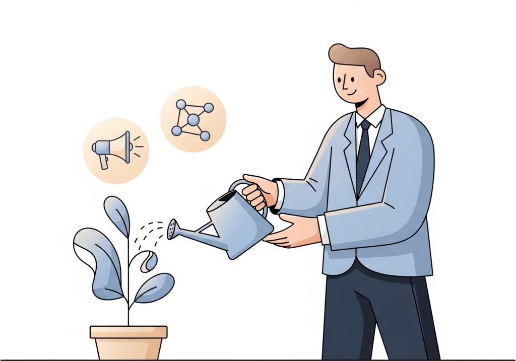 A person watering a plant, symbolizing key strategies for nurturing long-term business development and growth.