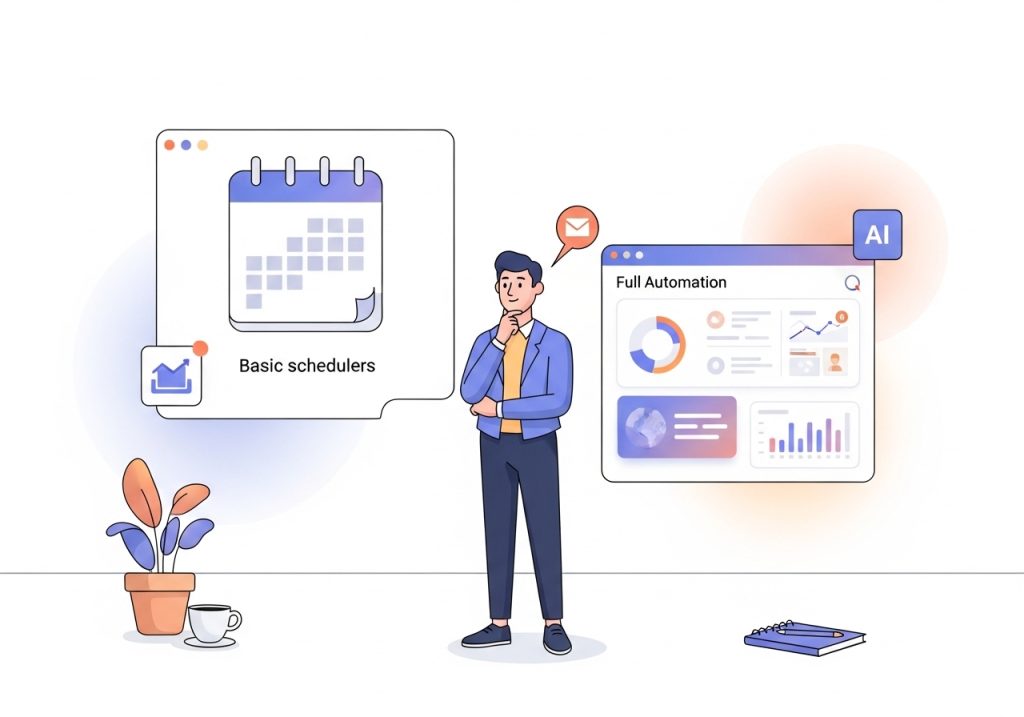 An illustration showing a choice between a simple scheduling tool and a comprehensive AI platform to automate blog posting.