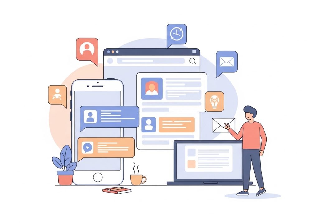 An illustration of consistent brand messaging across multiple marketing channels on different devices.