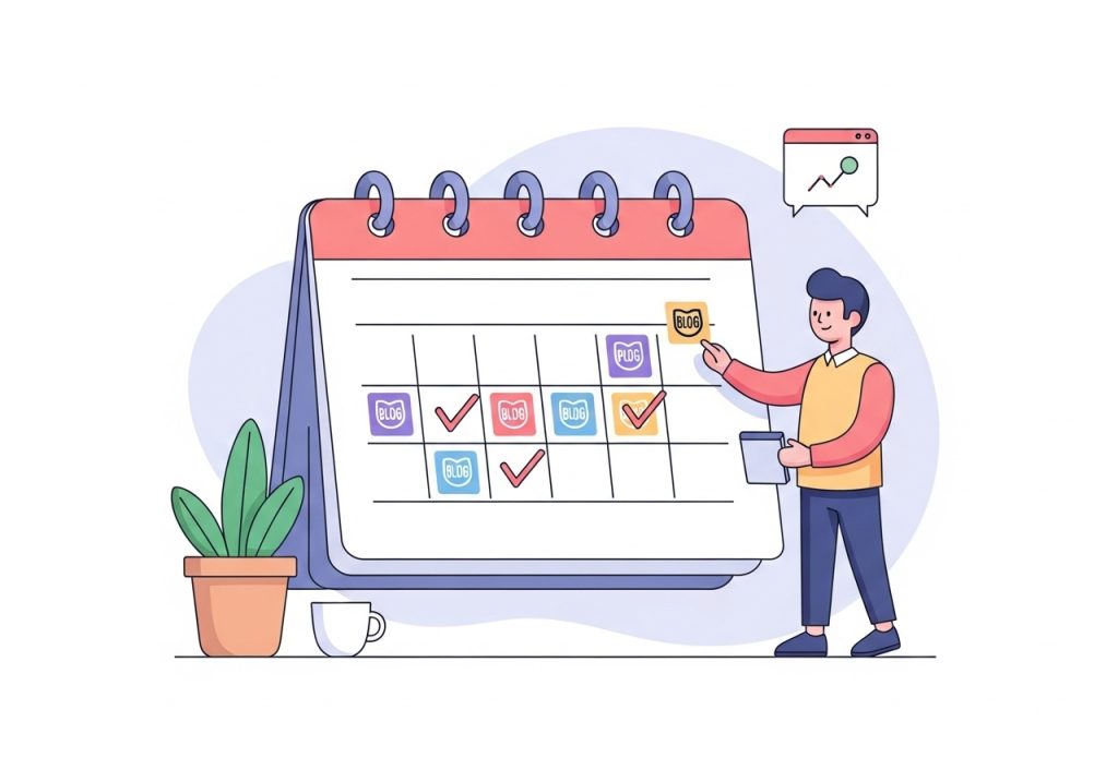 An illustration of a content calendar with posts scheduled consistently, a key part of an affordable SEO strategy.