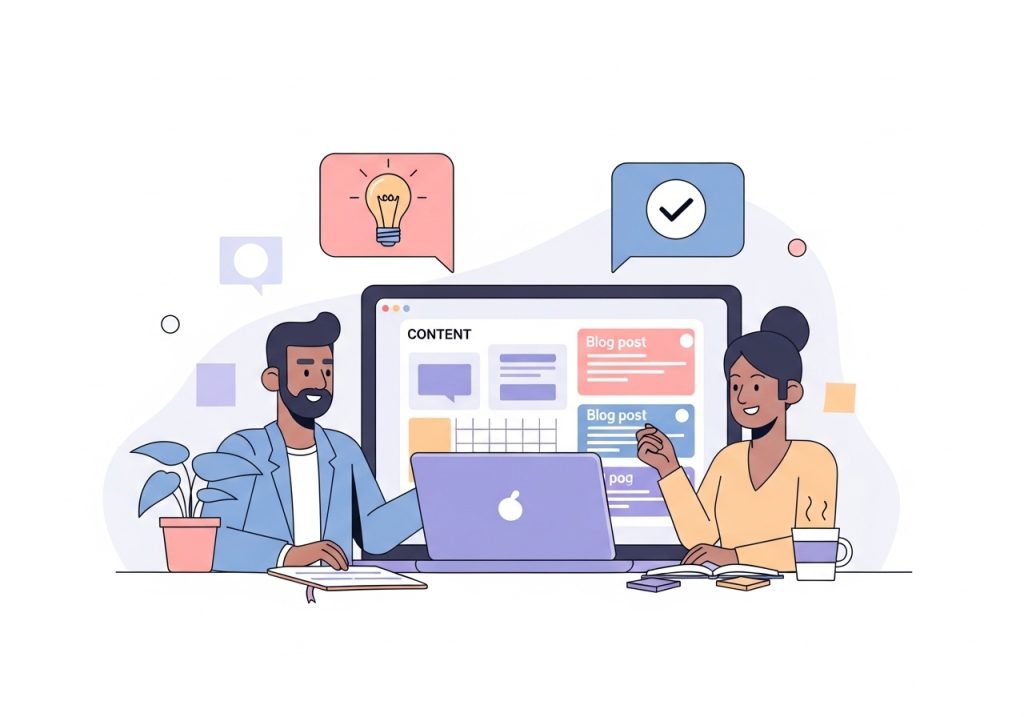 Two professionals planning a content strategy to improve customer outcomes and overall impact.