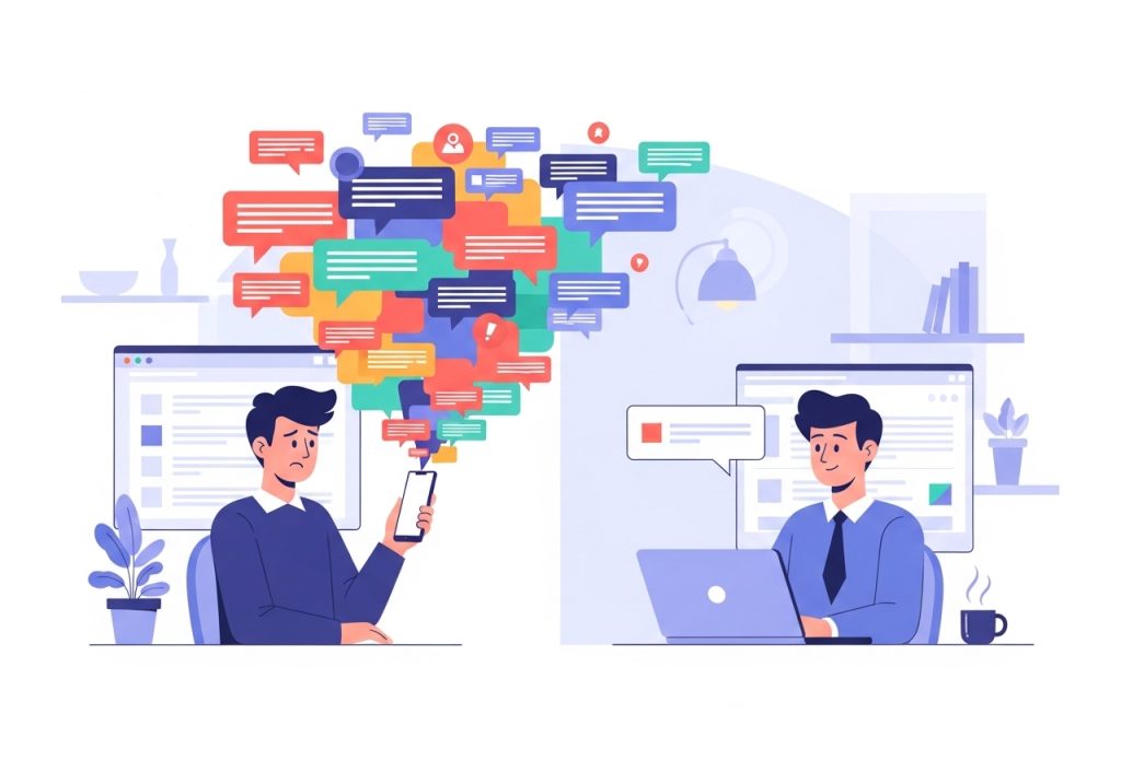 An illustration comparing bad digital etiquette (chaotic notifications) with good digital etiquette (clear communication).