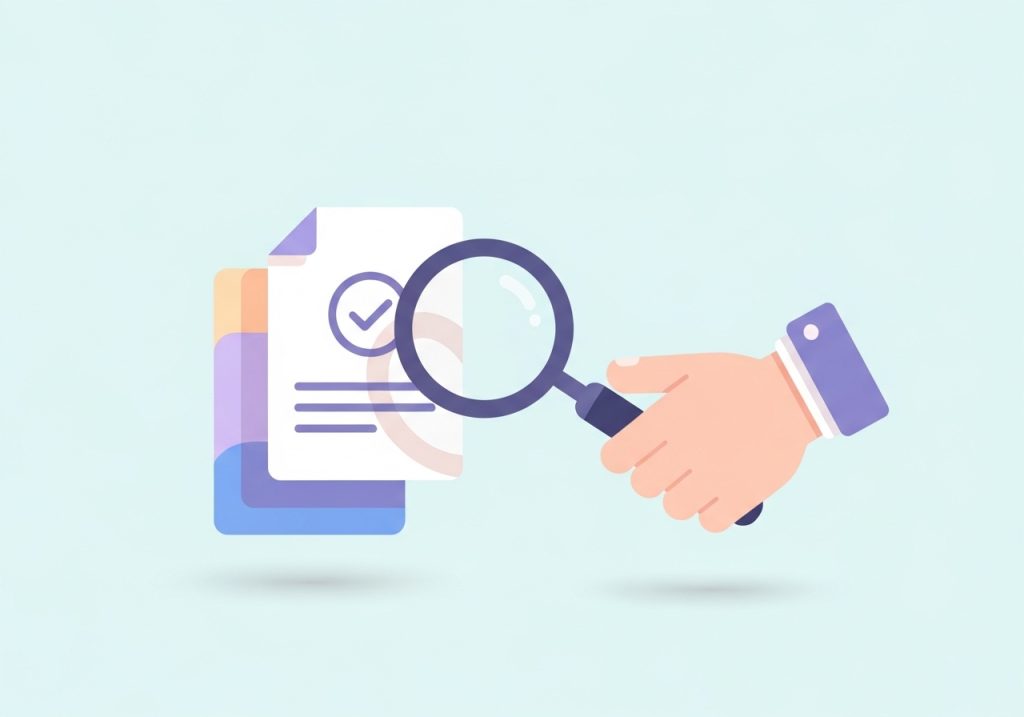 Illustration representing core integrity marketing principles like transparency, with a magnifying glass over a document.
