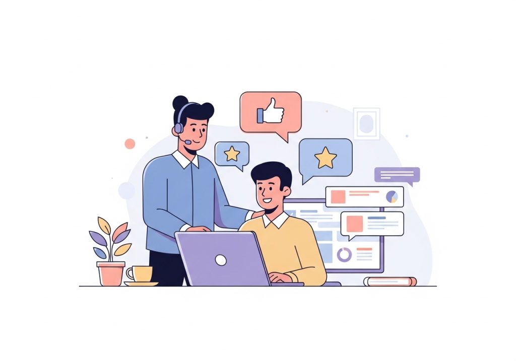 Illustration of a professional putting integrity marketing into practice by providing transparent and helpful customer support.