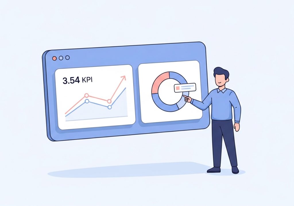 An illustration of a dashboard with KPIs and charts, used for measuring the success of business development efforts.