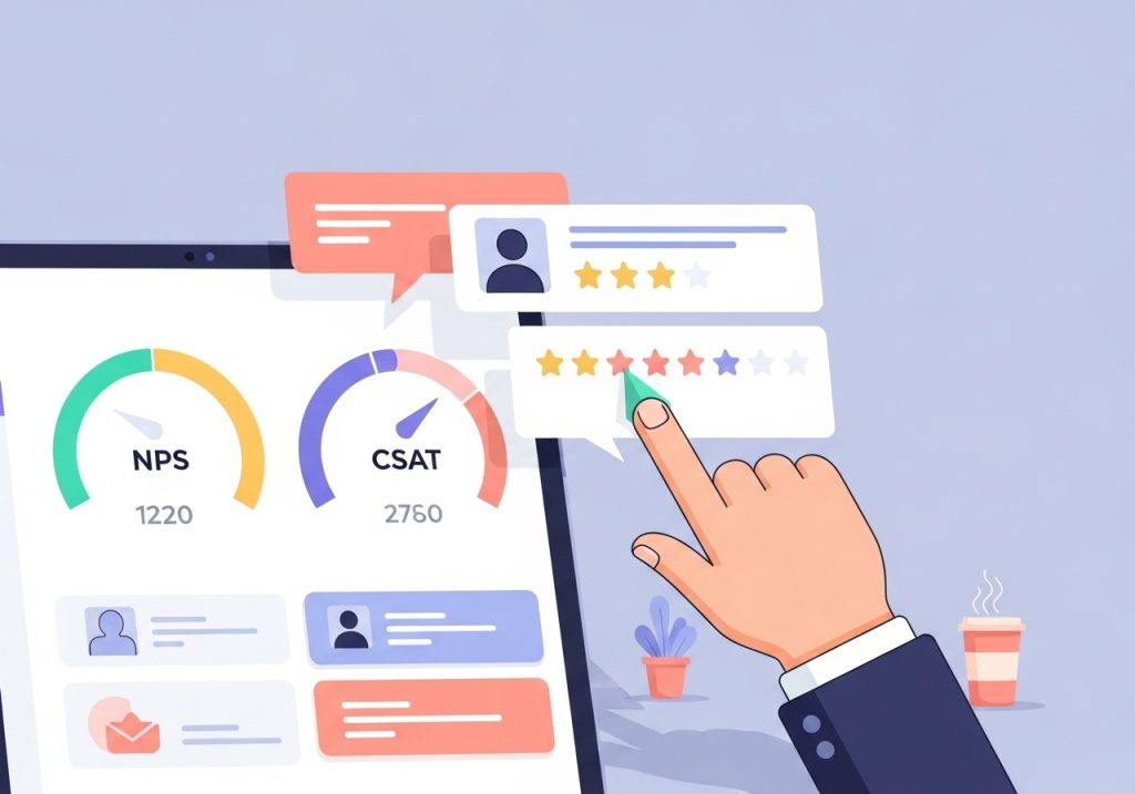 Illustration of a dashboard with key metrics for measuring customer impact, such as NPS and CSAT.