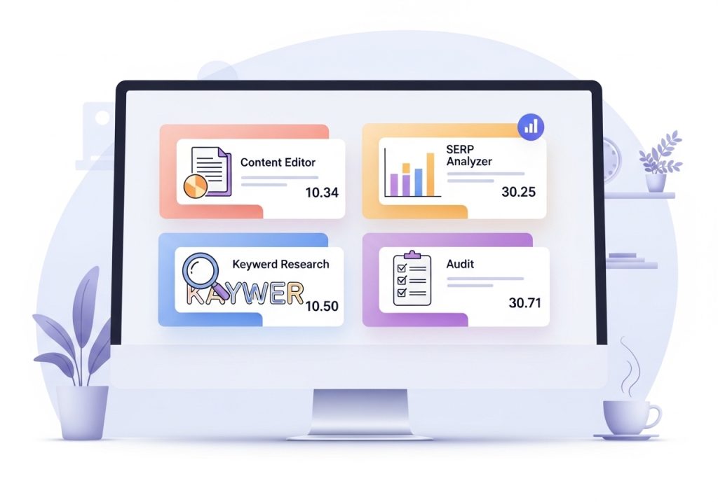Illustration highlighting the key features of the Surfer SEO platform, including the Content Editor and SERP Analyzer.