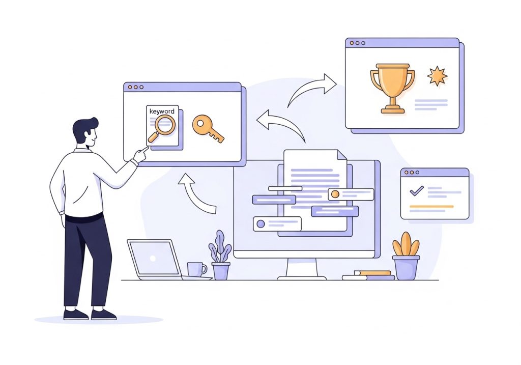 A visual depiction of the content optimization workflow using Surfer SEO, from keyword input to achieving a high content score.