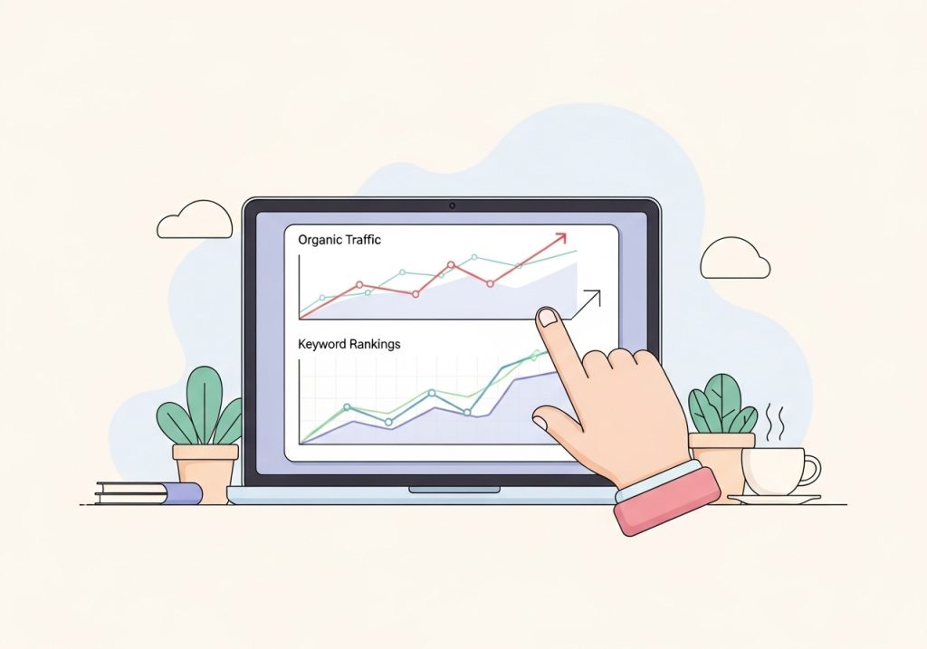 A vector illustration of a laptop screen showing a performance dashboard with rising organic traffic, a result of automated blog content.