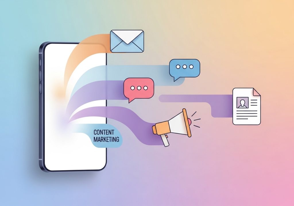 An illustration of a smartphone with icons representing different types of marketing campaigns, including content, social media, and email.