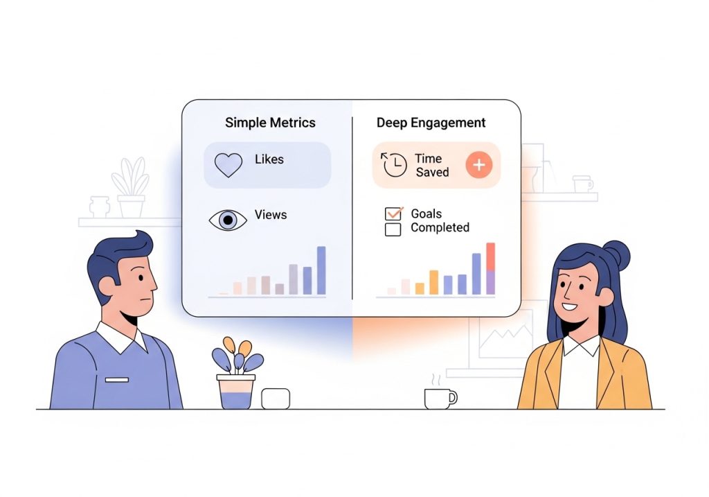 Vector art comparing vanity metrics with deep engagement metrics that show true customer impact.