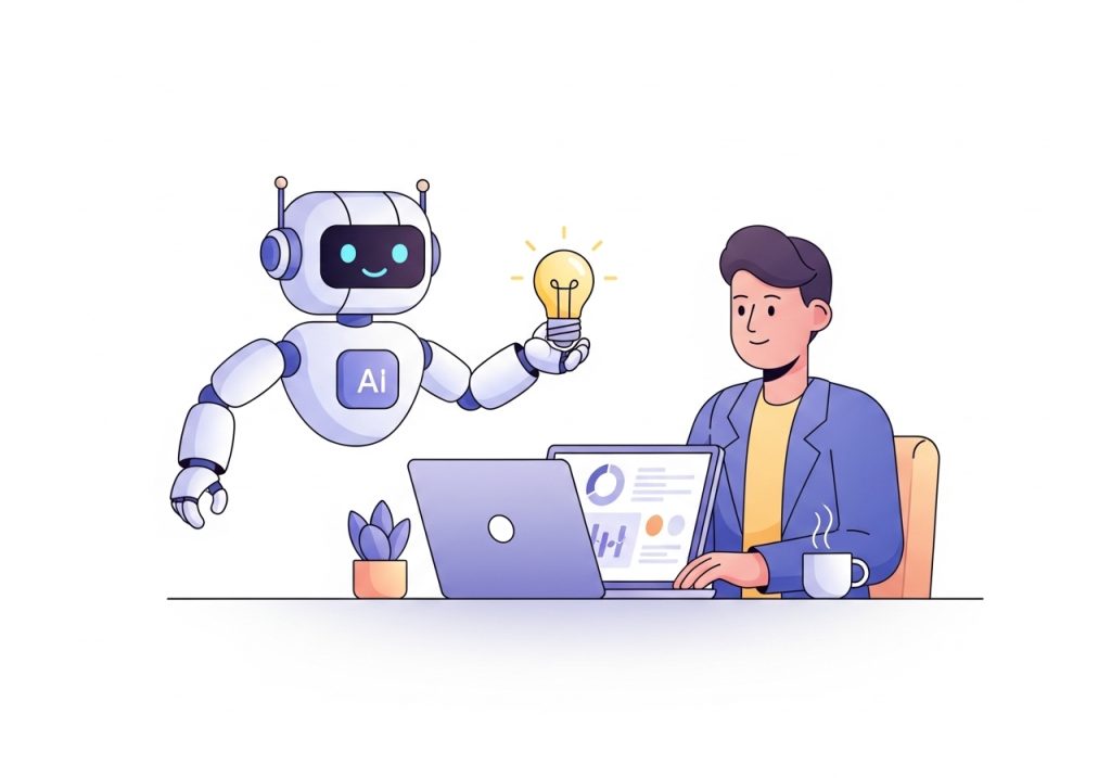 Illustration of AI assisting a digital media professional with content creation and strategy.