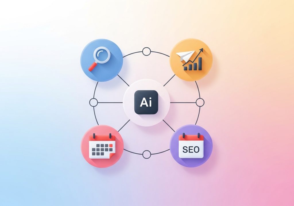 Diagram showing the core capabilities of an AI blog writer, including keyword research, scheduling, and SEO.