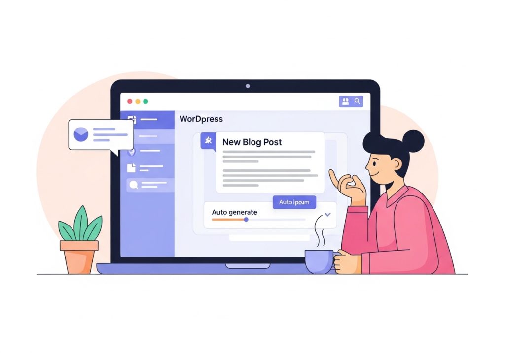 An AI blog writer tool integrated directly into the WordPress dashboard, automating a new post.