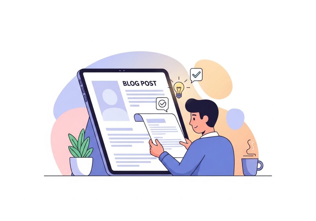 Vector art of a person reading a valuable blog post on a tablet, a key step in attracting leads.
