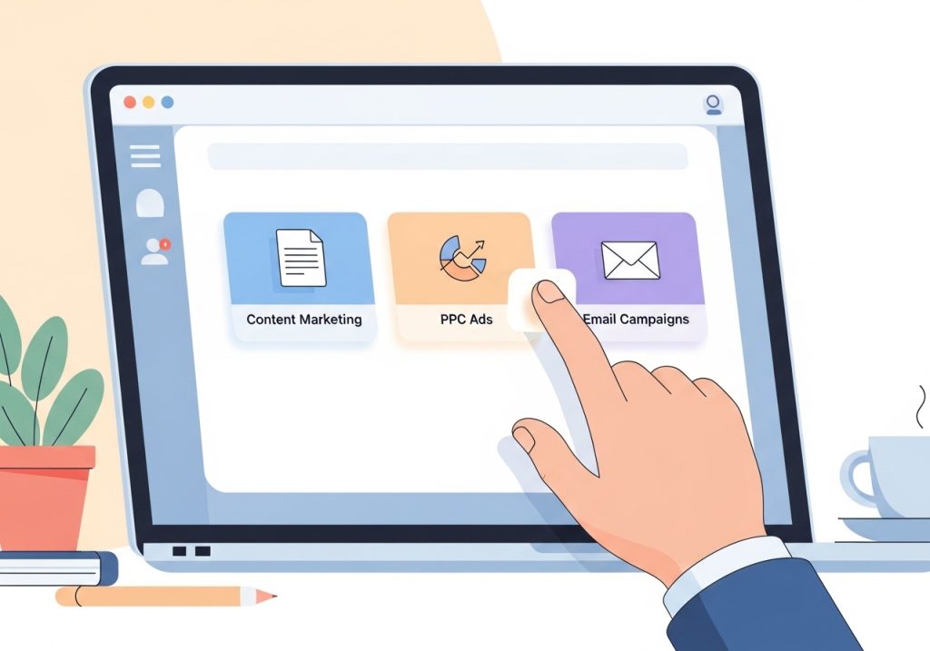 An illustration of a dashboard with different marketing tactics, such as content marketing and PPC ads, ready to be selected.